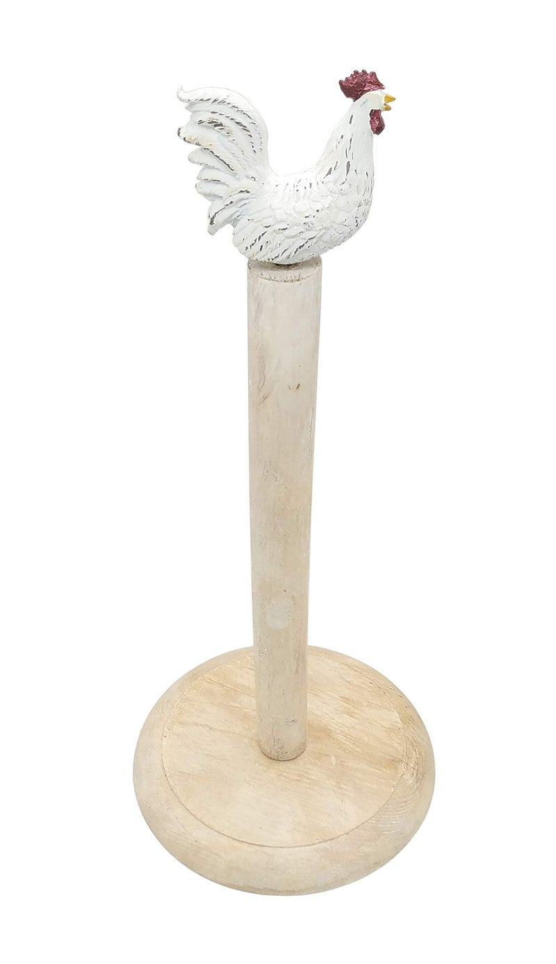 Owlgift Rooster Design Wood Shabby Whitewashed Paper Towel Holder Stand Up Paper Towel Holder, Easy One-Handed Tear Kitchen Paper Towel Dispenser with Weighted Base for Standard Paper Towel Rolls - Image 3